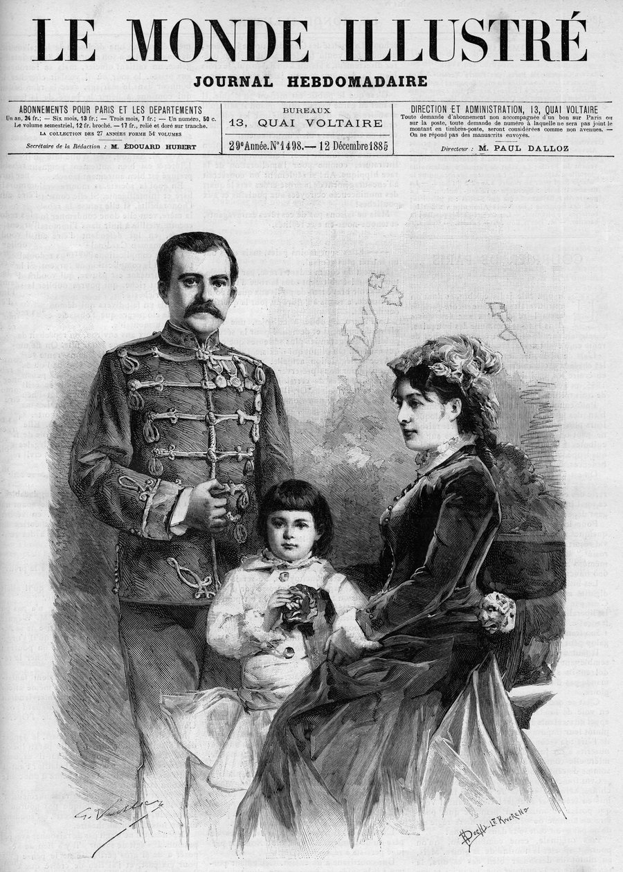 Serbian kuninkaan Milan I:n (Milan Obrenovich) (1854-1901) muotokuva, jota ympäröivät kuningatar Nathalie ja hänen valtaistuimensa perillinen prinssi Aleksanteri, teoksessa "Kunnollinen maailma 1885". tekijältä Unknown artist