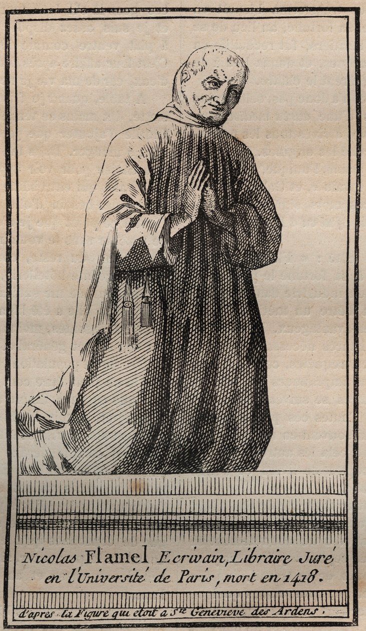 Ranskalaisen alkemistin Nicolas Flamelin (1330-1418) muotokuva - Kaiverrus - Englannin alkemistin Nicolas Flamelin muotokuva - Kaiverrus Yksityinen kokoelma tekijältä Unknown artist
