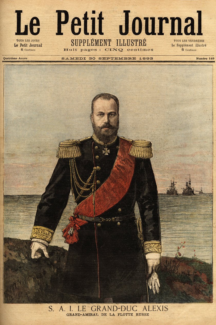 Muotokuva Venäjän laivaston suuresta amiraalista, Ranskan kanssa liittoutuneesta suurherttua Aleksandrovitš Romanovista (1850-1908), tsaari Aleksanteri II:n (1818-1881) pojasta. Kaiverrus "" Le petit Journal" -lehdessä 30.9.1893. Selvan kokoelma. tekijältä Unknown artist