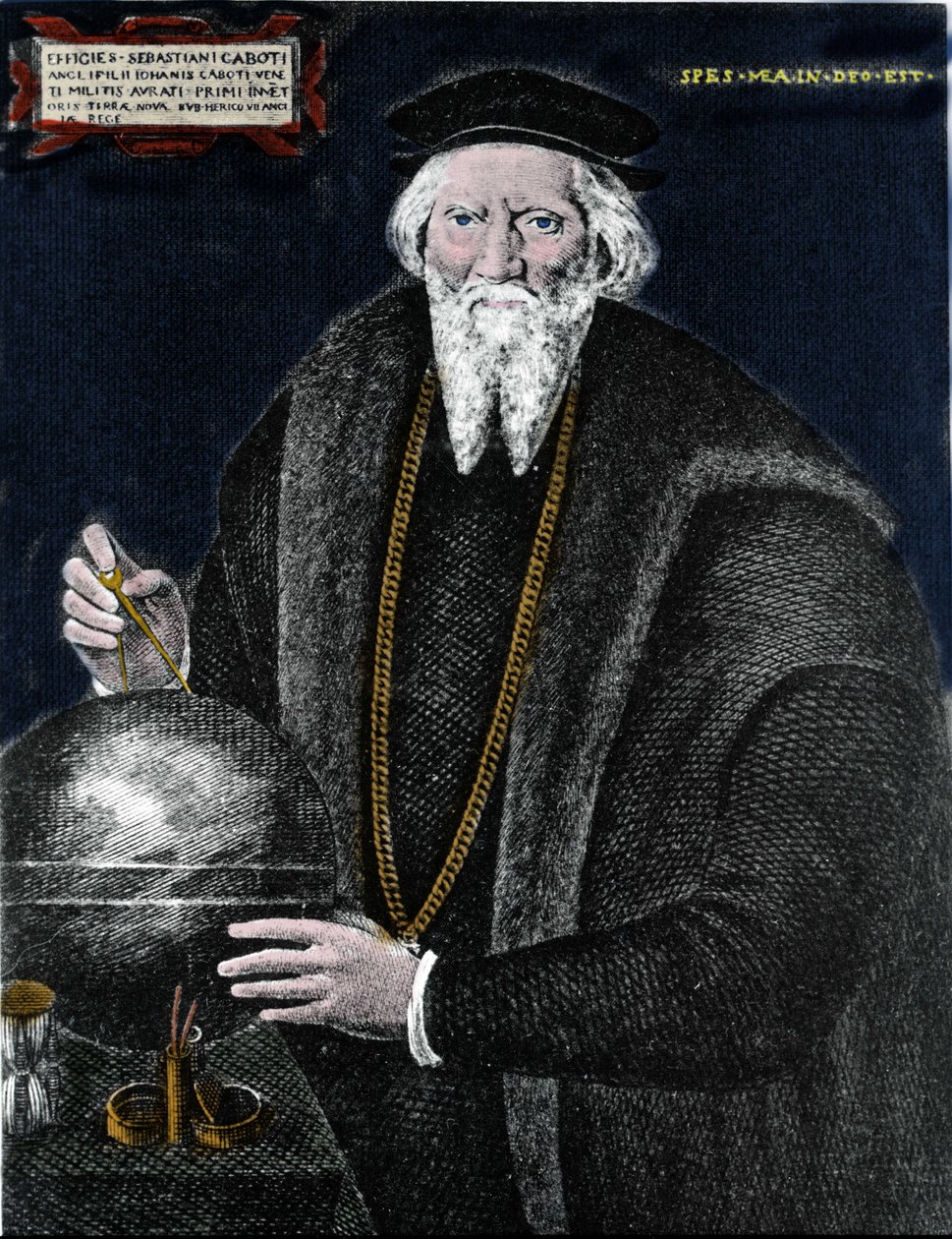 Muotokuva navigaattorista Sebastiano Cabotosta (Sebastien Cabot) (1476 - 1557), joka isänsä kanssa löysi Labradorin ja Newfoundlandin. Kaiverrus. tekijältä Unknown artist