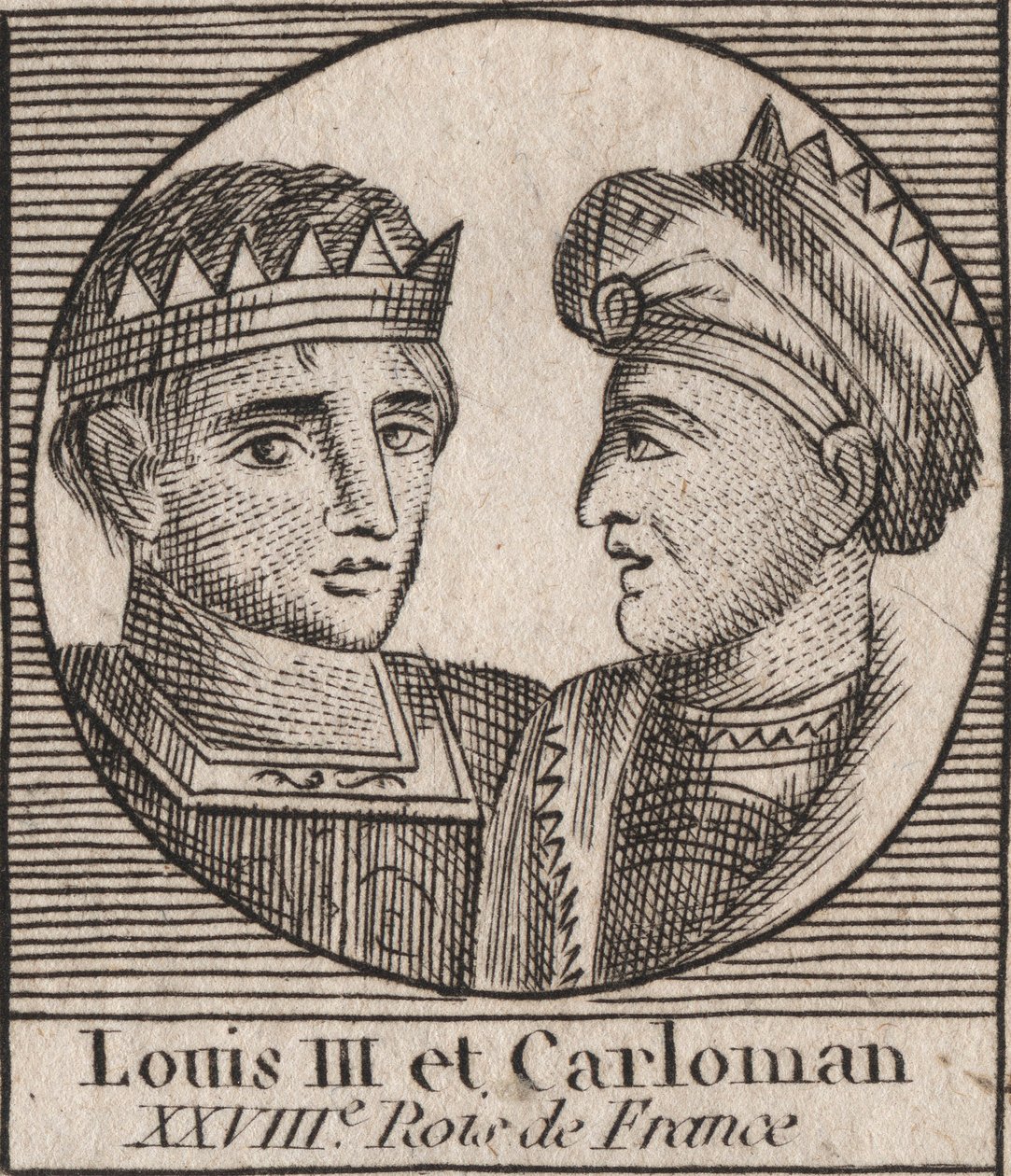 Ludvig III:n (863/65-882), frankkien kuninkaan vuosina 879–882 ja Kaarle II:n (866–884), frankkien kuninkaan, vuodesta 879 Ranskan kuninkaan muotokuvia - kaiverrus kirjasta "Historiaohjeet d tekijältä Unknown artist