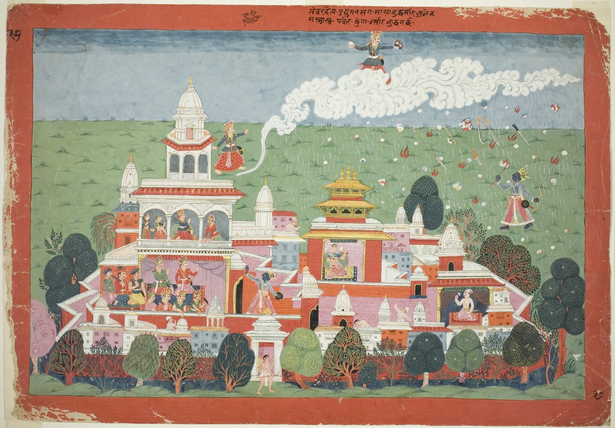 Pradyumna saapuu Sambar-demonin palatsiin ja haastaa hänet taisteluun, sivu hajanaisesta Bhagavata Puranan käsikirjoituksesta. tekijältä Unknown artist