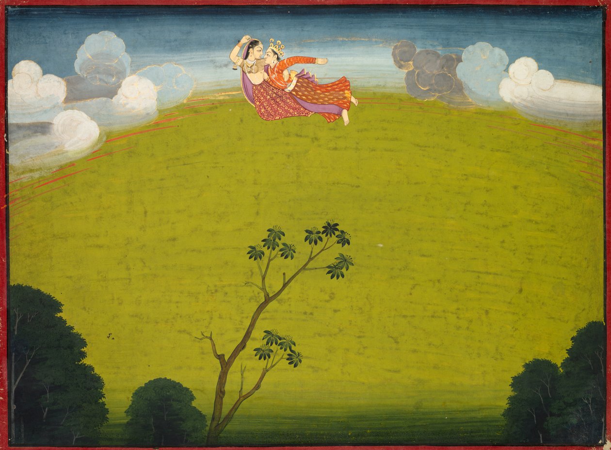Pradyumna ja Mayavati lentävät Dwarkaan, suuresta Basohli Bhagavata Puranasta tekijältä Unknown artist