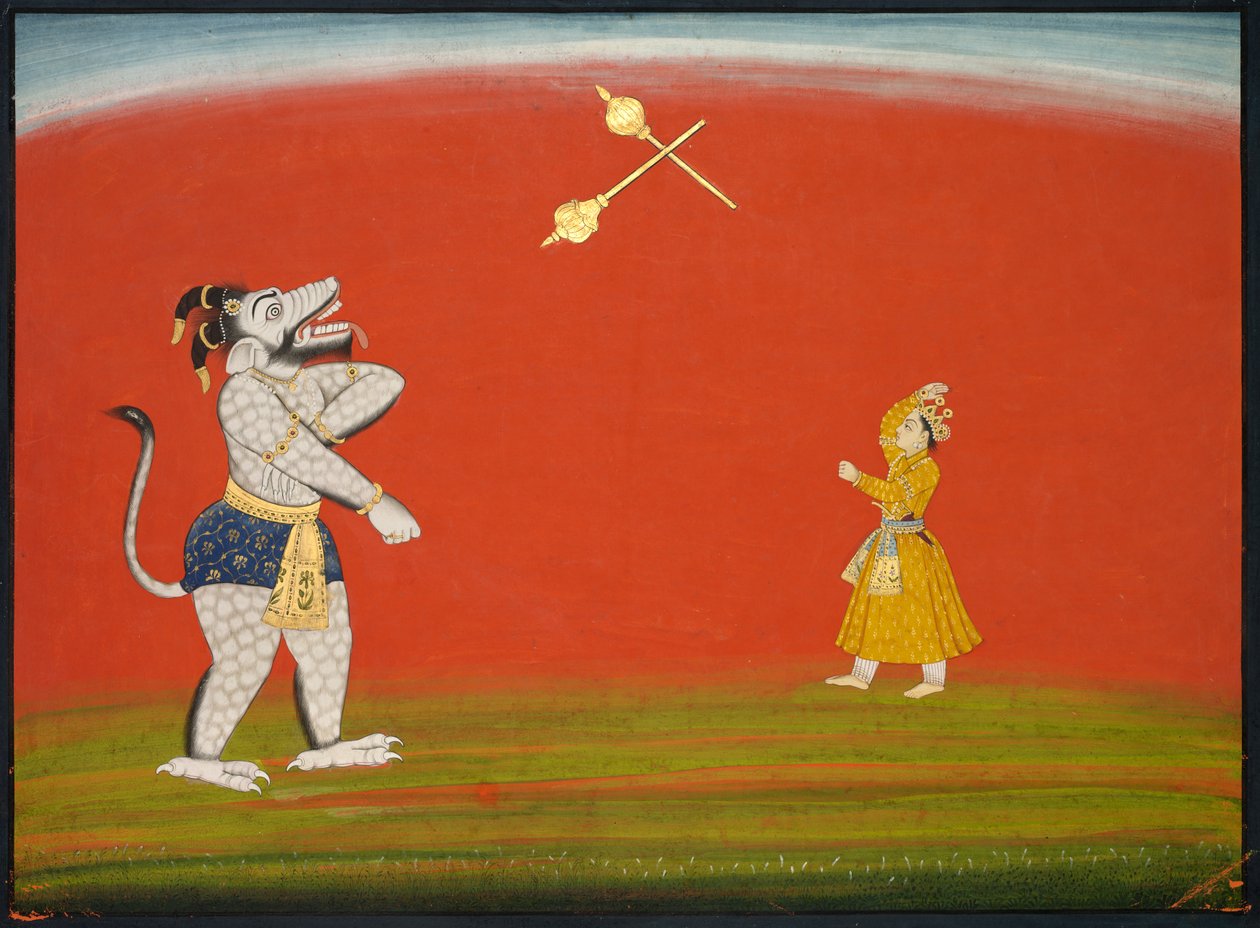 Pradyumna ja Samvara taistelevat Maxin kanssa: Lehti "Suuresta Basohli Bhagavata Puranalta" tekijältä Unknown artist