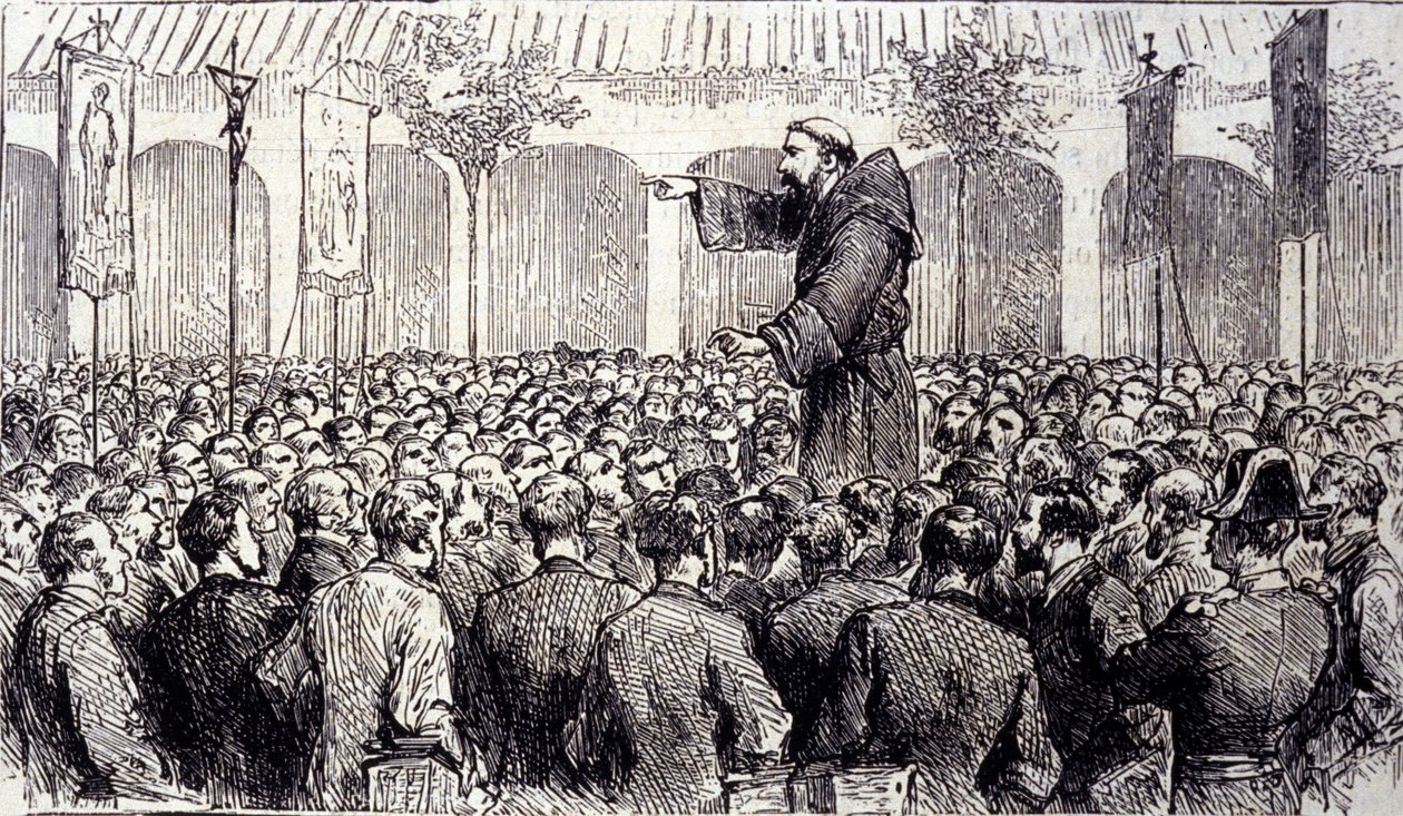 Kapusiinimunkin ennustus pelerineille, jotka saapuivat Lourdesiin Korkea-Pyreeneillä, missä Neitsyt ilmestyi Bernadette Soubirousille (1844-1879) vuonna 1858, nykyinen pyhiinvaelluspaikka. Kaiverrus vuodelta 1877 tekijältä Unknown artist
