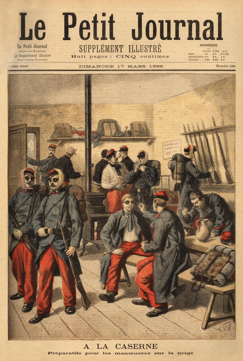 Lumilenkkeihin valmistautuvia sotilaita ympäröi musta noki sen sijaan, että he käyttäisivät laseja savulasien kanssa. Kaiverrus "" Le petit Journal" -julkaisussa 17/03/1895. Selvan kokoelma. tekijältä Unknown artist