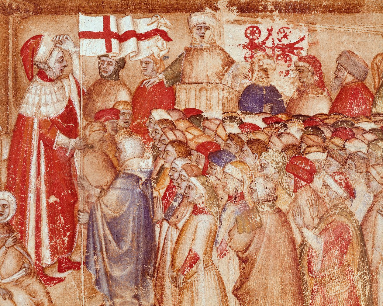 Sotilaslipun esitys Carraresien suvun prinssille, Padovan kaupungin herroille Pienoismalli "Chronica Carrariensibusista" (Carraresien perheen kronikat) 1300-luvun Biblioteca Capitolare, Padova tekijältä Unknown artist