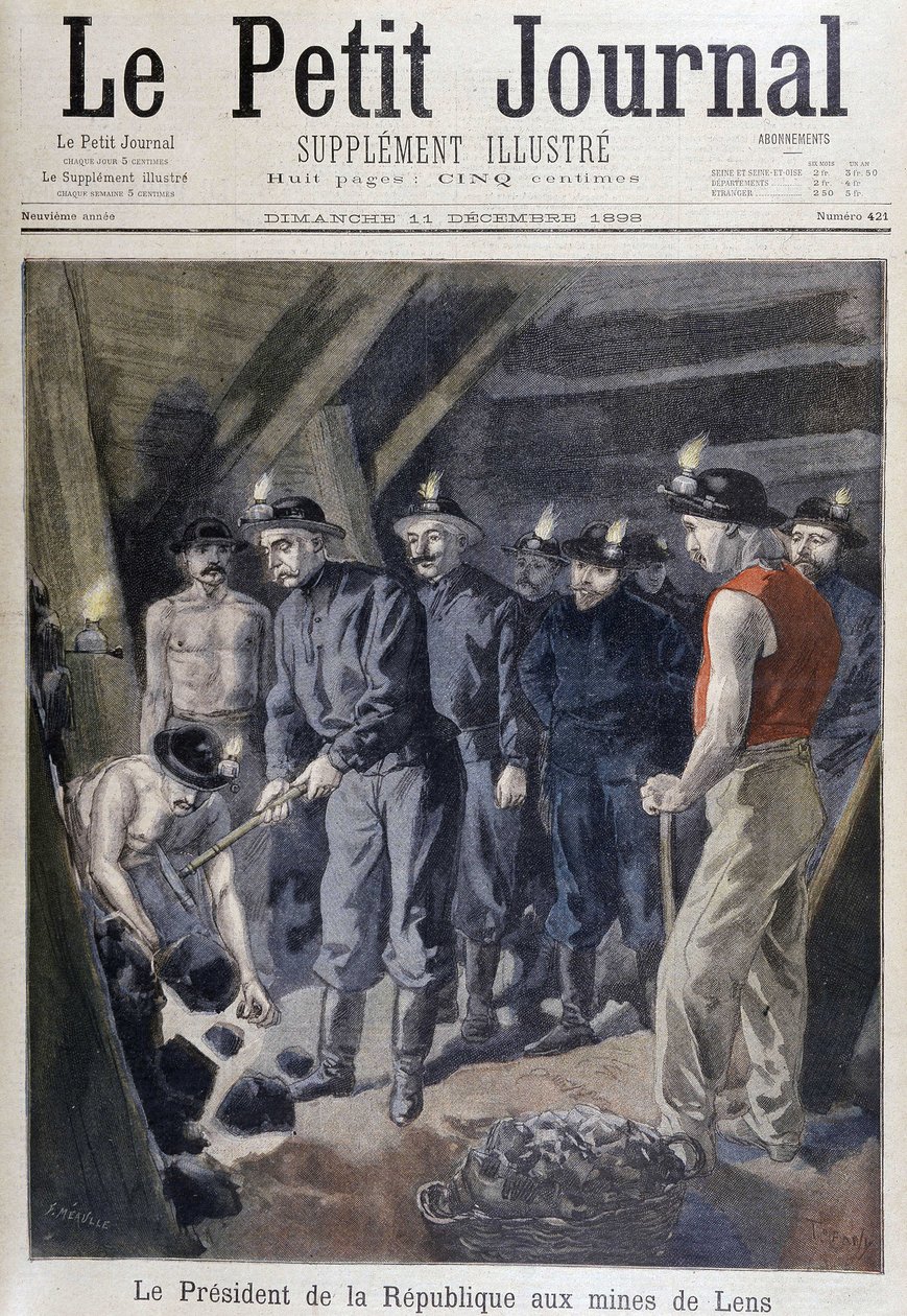 Tasavallan presidentti Jean Casimir-Perrier (Casimir Perrier, Casimir Perrier, Casimir Perrier) kaivostyöläisten ympäröimänä Lensin kaivoksilla, "" Le petit journal""" 11. joulukuuta tekijältä Unknown artist