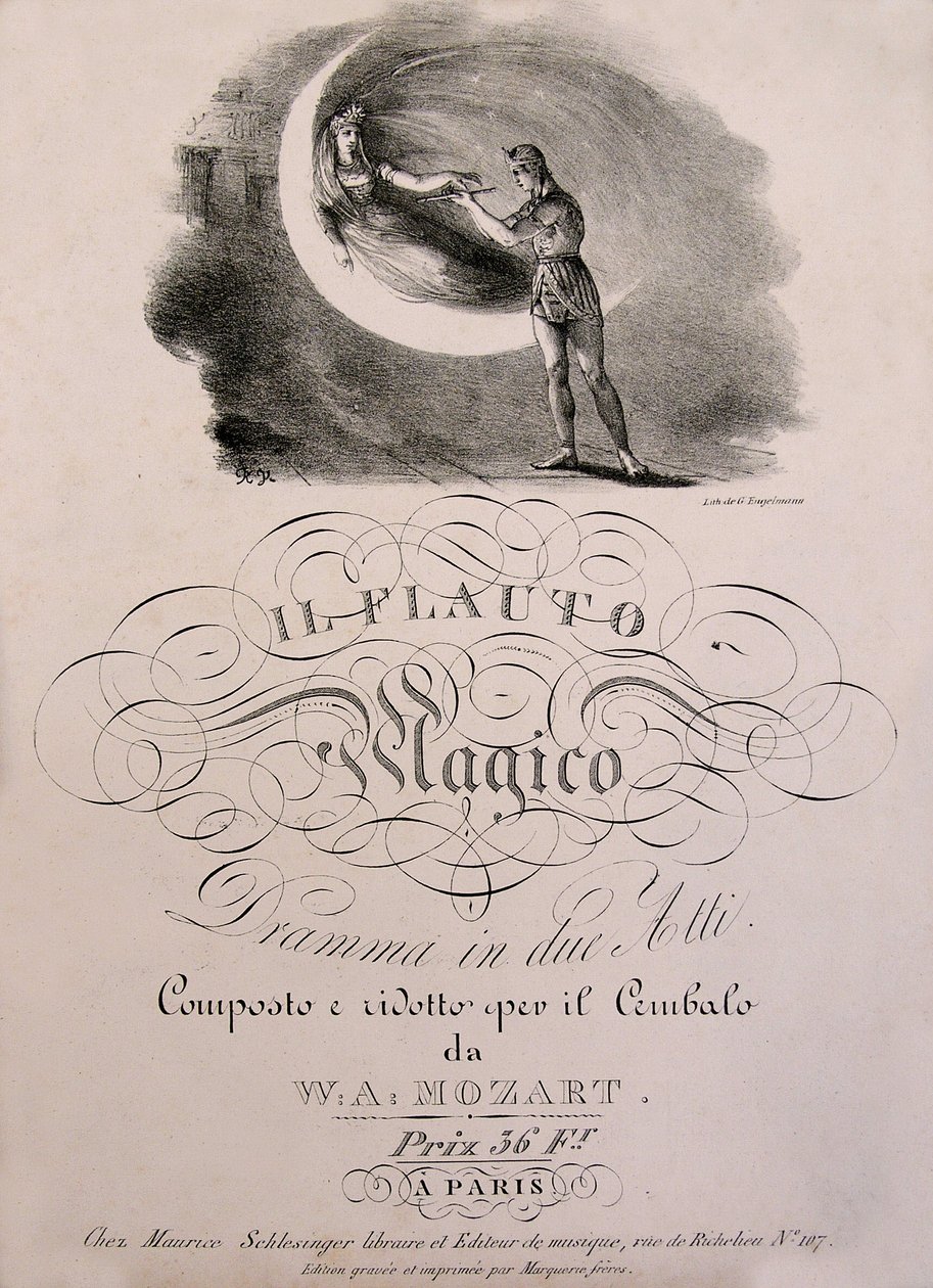 Prinssi Tamino vastaanottaa Yön Kuningattaren lumotun huilun, kansikuvan W.A. Mozartin (1756-1792) "" Lumottu huilu" -osiokirjasta (Die Zauberflote) (1791). Leonard de Selvan kokoelma. tekijältä Unknown artist