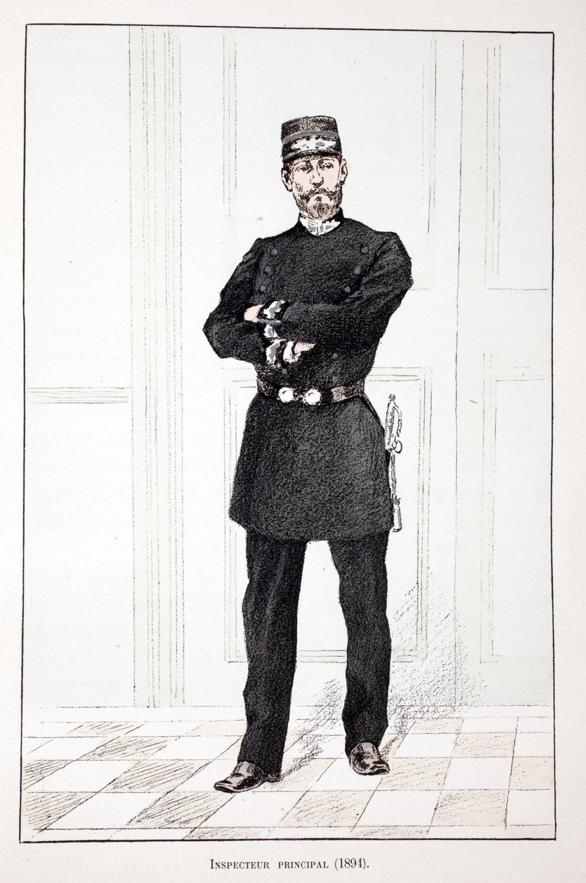 Ylitarkastaja (1894). Etsaus väreillä, havainnollistava "" Rauhanturvaajien joukkojen historia"" -kirja, joka on julkaistu Louis Lepinen (1846-1933) Seinen poliisin prefektin suojeluksessa, Alfred Rey (1864-?) ja Louis Feron (1862). -?) tekijältä Unknown artist