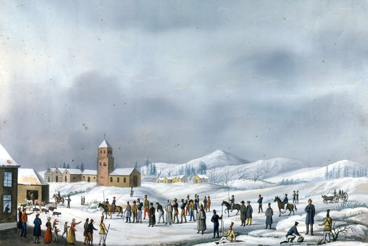 Venäjän kampanjan vangit siirrossa Nervasta Novgorodiin, maaliskuu 1814 Rooma, Museo napoleonico tekijältä Unknown artist