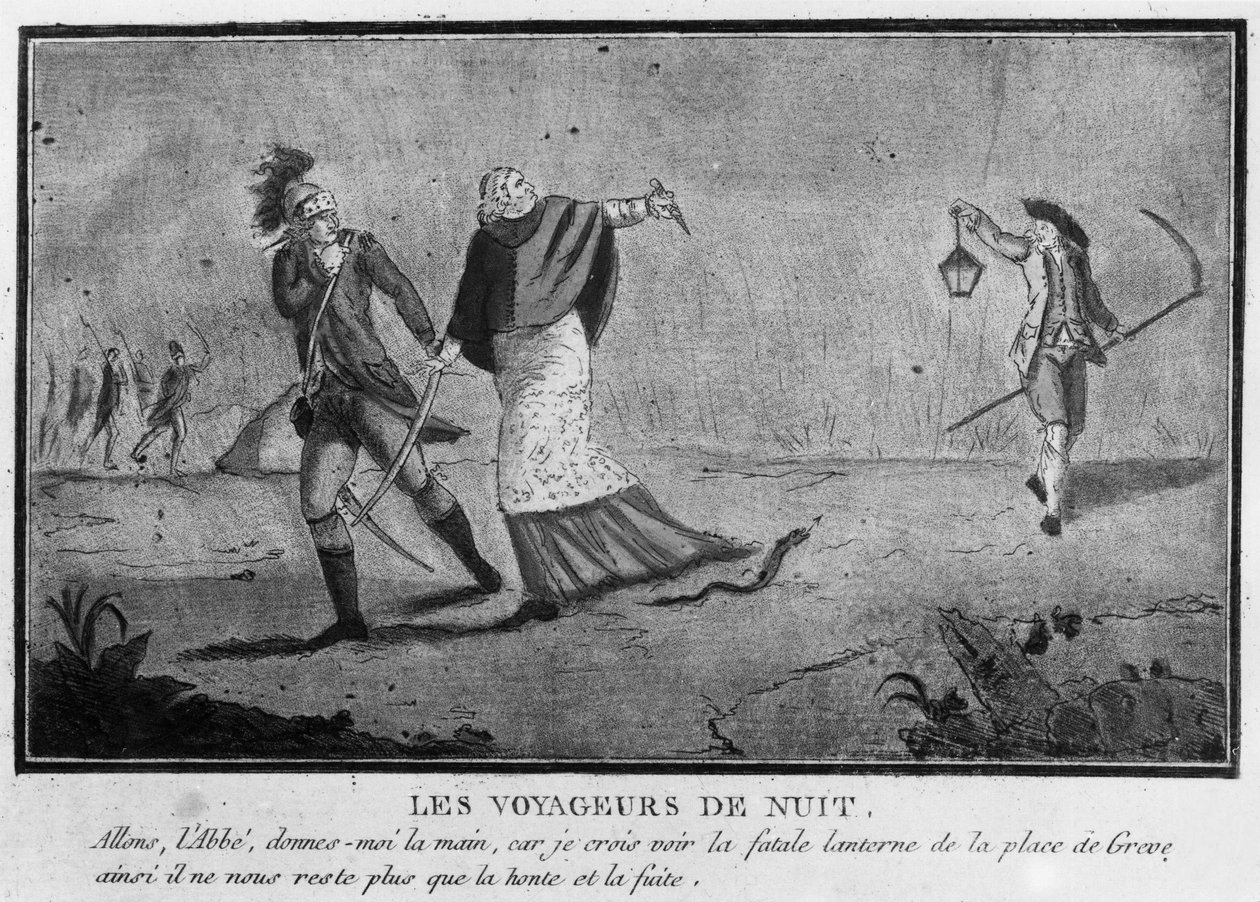 Etuoikeudet: Yömatkailijat, luostari ja aatelismies, jotka pakenevat yöllä - 1790, Musee Carnavalet. tekijältä Unknown artist