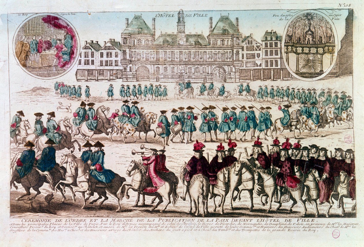 Rauhanjulkistusseremonian kulkue kaupungintalon edessä (Place de Greve). Kaiverrus 1700-luvulta B.N. Pariisi tekijältä Unknown artist