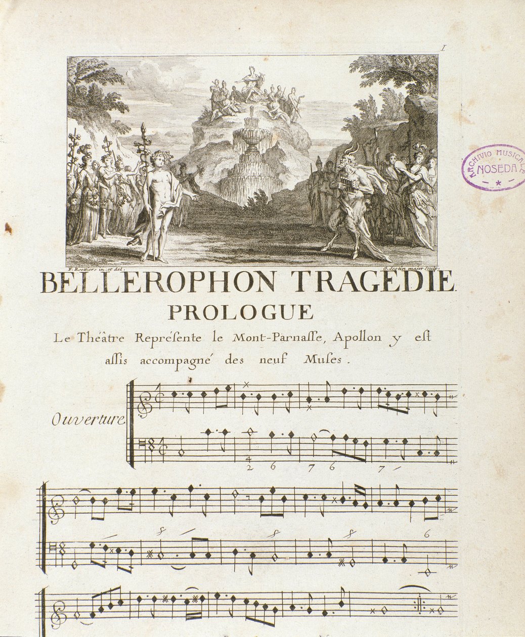 Prologi "" Bellerophon "" Lyrique tragediaan viidessä näytöksessä Jean Baptiste Lullyn (Giovanni Battista Lulli) (Jean-Baptiste) (1632-1687) prologin kanssa. 1714. tekijältä Unknown artist