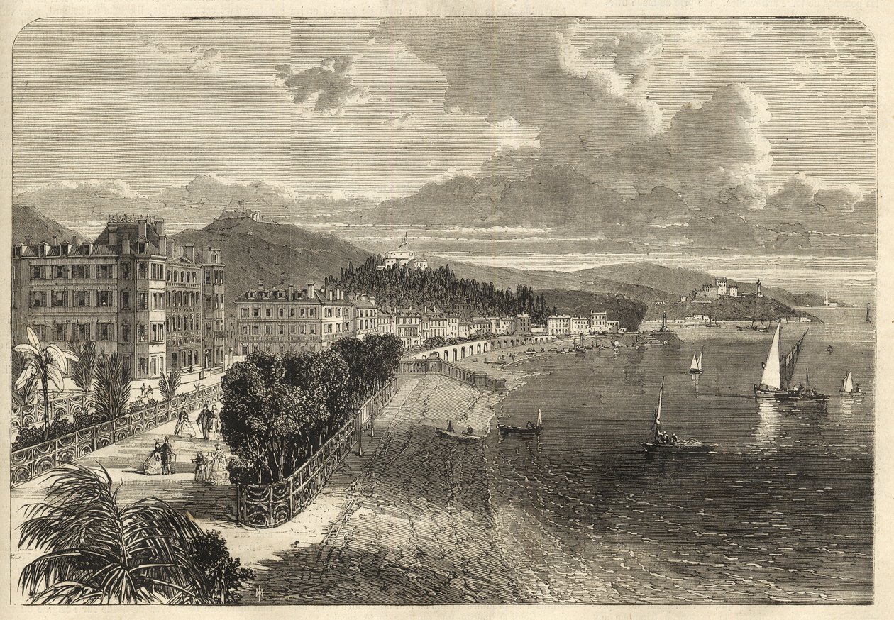 Promenade des Anglais Nizzassa vuonna 1866 - Promenade des Anglais vuonna 1866 - kaiverrus tekijältä Unknown artist
