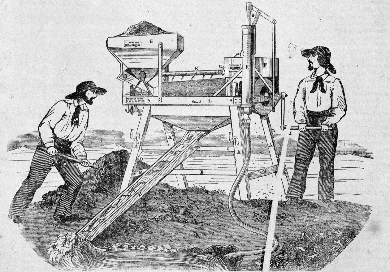 Pubi "The Fortune, Company of the Gold Mines of California": kuva, jossa kaksi kullankaivaajaa työskentelevät pesukoneissa ja sekoittavat kultaa - "" Charivarissa"" 25. kesäkuuta tekijältä Unknown artist