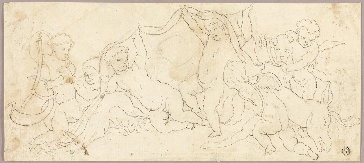 Putti pelissä Peuran ja koiran kanssa tekijältä Unknown artist