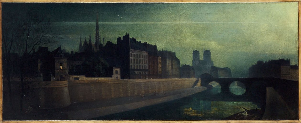 Quai des Orfêvres, Pont Saint-Michel, Notre-Dame, noin 1860; yövaikutelma, nykyiset 1. ja 4. arrondissementit, vuosien 1855 ja 1865 välillä (öljy kankaalle). tekijältä Unknown artist