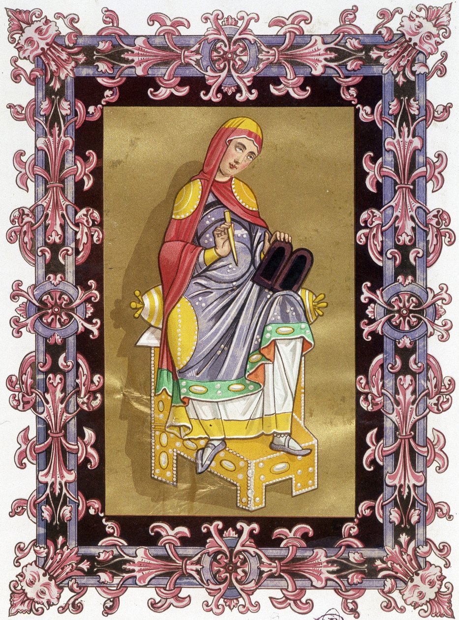 Radegonde (n. 520 - 587), Ranskan kuningatar, Clotaire (Clothaire) I:n vaimo. 1800-luvun kromolitografia, joka perustuu valaistukseen. tekijältä Unknown artist