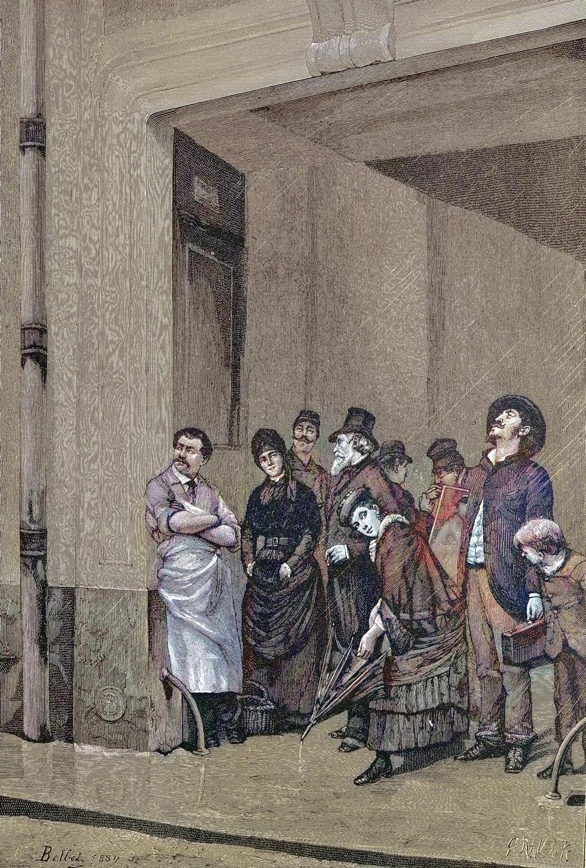 Sateinen sää, ihmiset seisovat katon alla odottamassa sateen loppumista, A. Belletin maalaus tekijältä Unknown artist