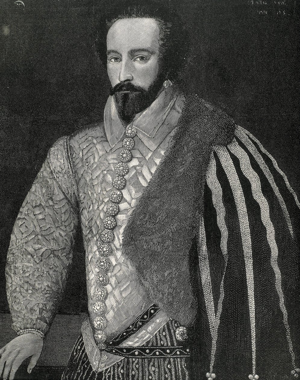 Raleigh, Sir Walter (1554-1618). Englantilainen merimies, tutkimusmatkailija ja välittäjä. Sir Walter Raleighin muotokuva. Kaiverrettu vuonna 1891 nimettömän alkuperäiskuvan mukaan, jota säilytetään Lontoon kansallisessa muotokuvagalleriassa. Kaiverrus. tekijältä Unknown artist