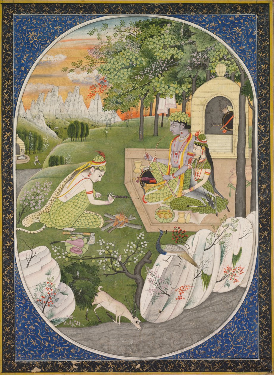 Rama, Sita ja Lakshmana metsässä, sivu Ramayanasta (Tales of God Rama) tekijältä Unknown artist