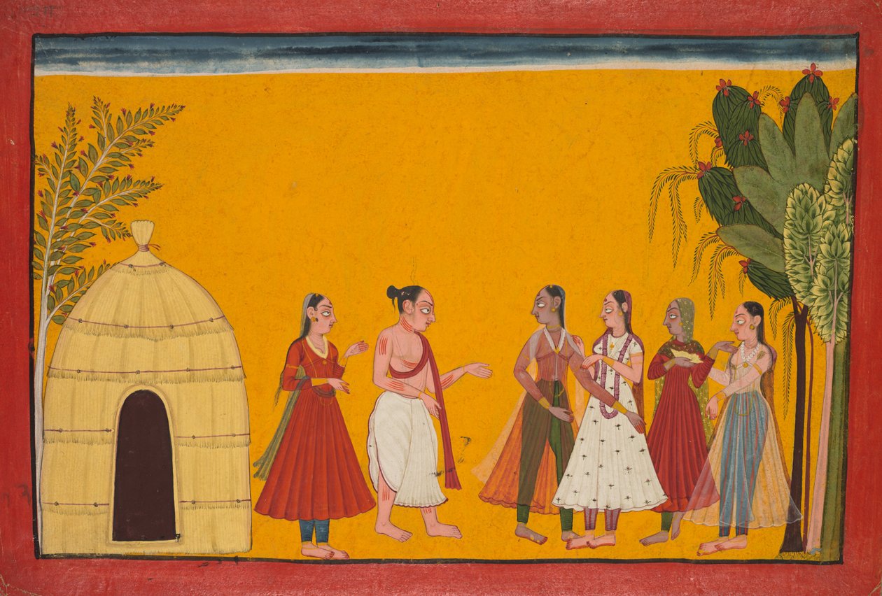 Rama ja Sita viedään papin luo sopiakseen hääpäivämäärästä; sivu Ramayanasta (Tales of God Rama) tekijältä Unknown artist