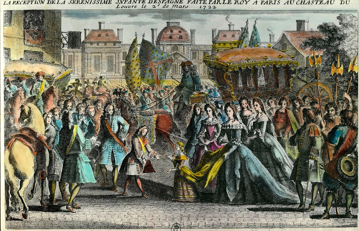 Kuningas Ludvig XV otti vastaan Espanjan lapsen Marie Anne Victoiren (1718-1781) Pariisissa Louvressa 2. maaliskuuta 1722. Mariana Victoria de Borbon kihlautui 3-vuotiaana Louis XV:n kanssa 11-vuotiaana. Kaiverrus 1700-luvulla. Yksityinen kokoelma tekijältä Unknown artist