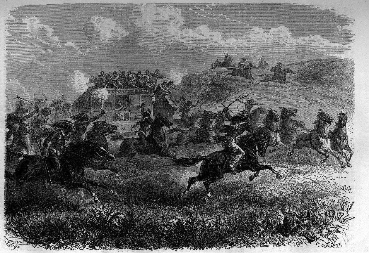 Red Skin Riders hyökkää ahkeruutta vastaan preerialla. Kaiverrus "Le Journal de la jeunesse" tekijältä Unknown artist