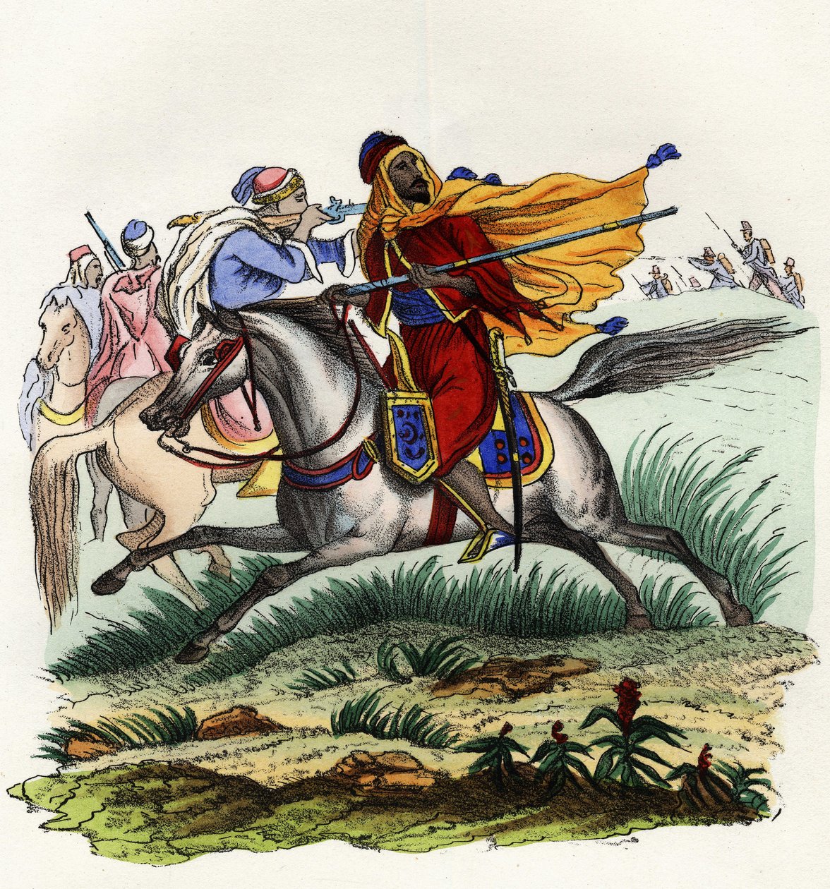 Emir Abd-el-Kaderin punaiset ratsumiehet pakenemassa Afrikan ranskalaisen armeijan metsästäjien edestä Oranissa vuonna 1841. Teoksessa ”” Storia d