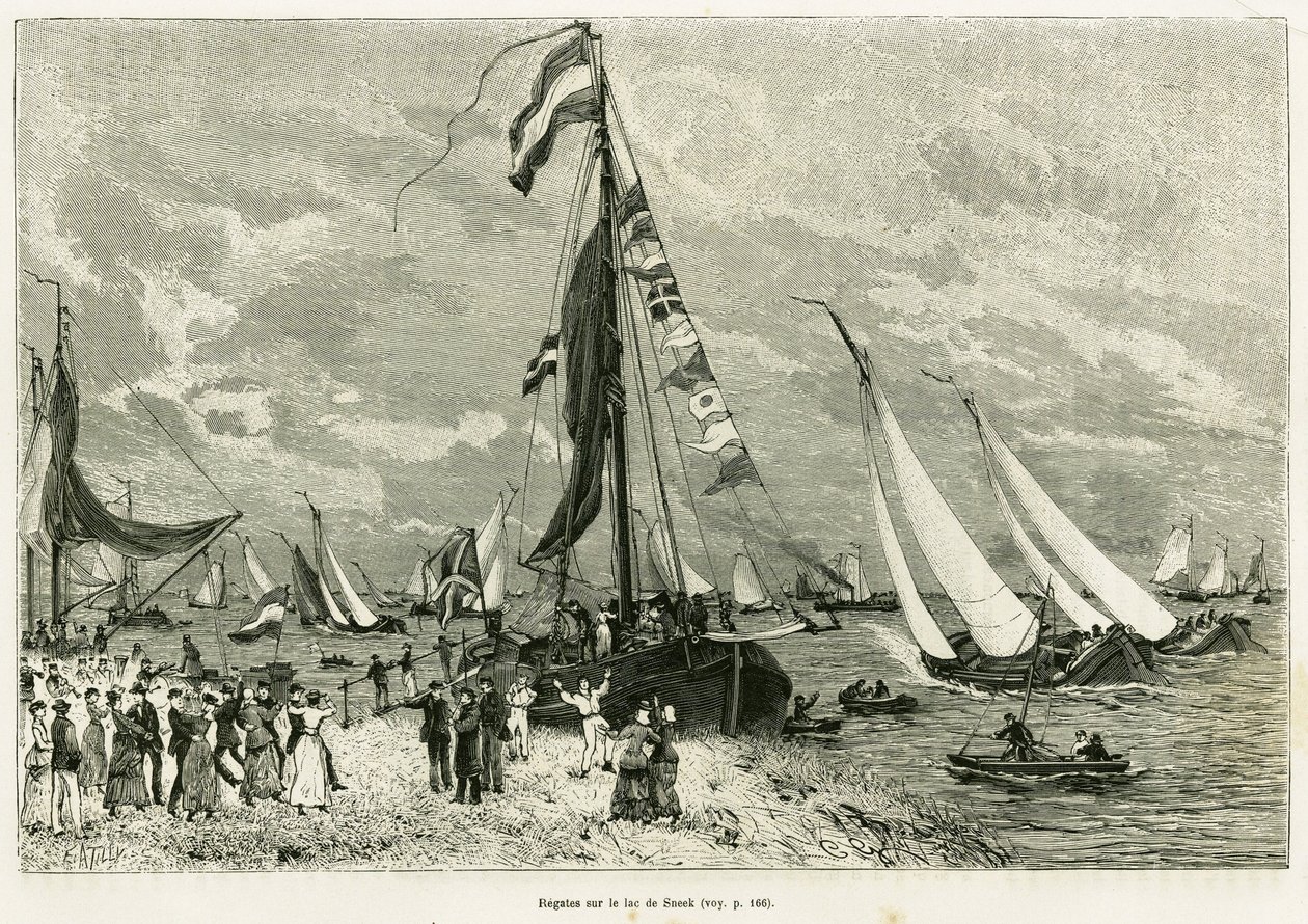 Regates Sneek-järvellä (Alankomaat). Kaiverrus havainnollistamaan tarinaa La Frise, joka perustuu hollantilaisen sanomalehden suhteeseen, in le tour du monde 1886, ohjaaja Edouard Charton (1807-1890), Hachette, Paris. tekijältä Unknown artist