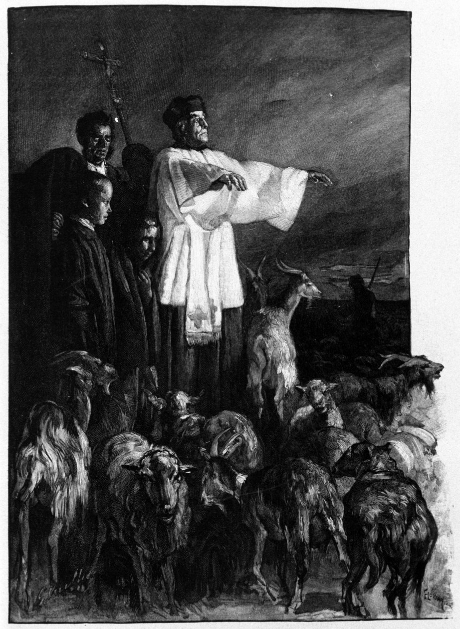Uskonnolliset riitit: Manauksen seremonia kaupungin aukiolla taivaaseenastumisen yönä. Sisilia 1800-luvun kaiverrus tekijältä Unknown artist
