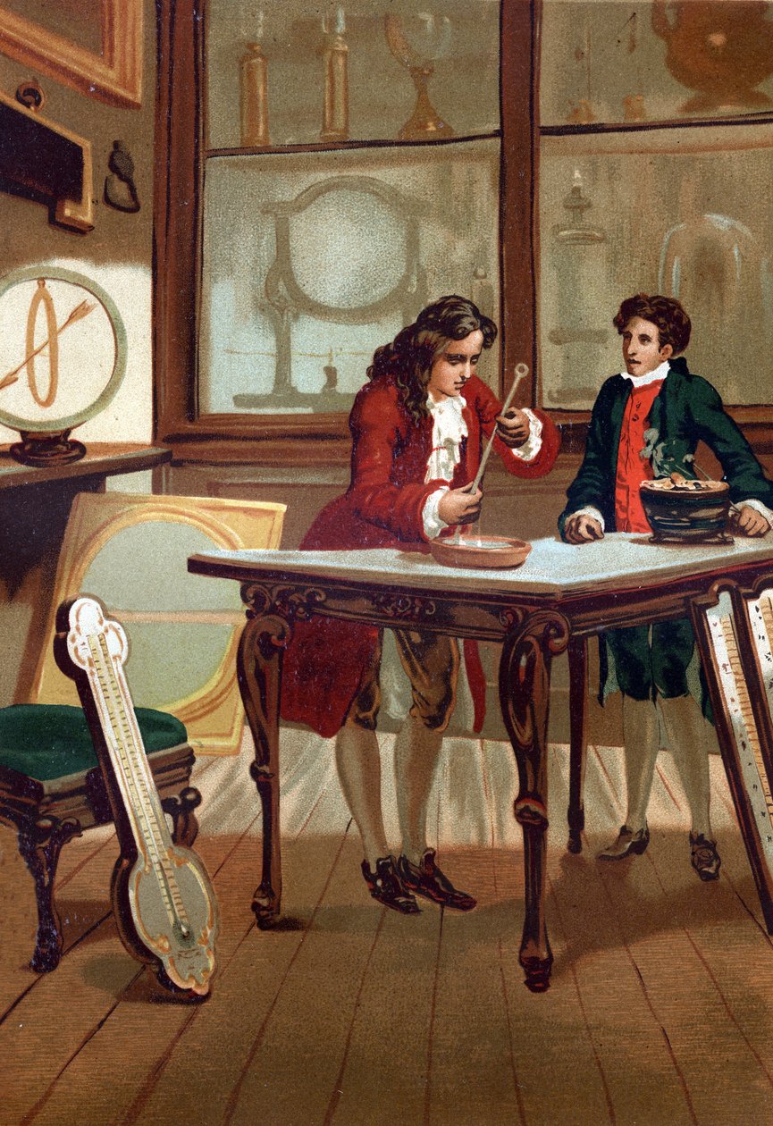 René Antoine Ferchault de Réaumur (1683-1757), ranskalainen kemisti ja fyysikko, joka rakensi lämpömittarinsa vuonna 1730. "La Ciencia y sus Hombres par Louis Figuier" jälkeen Barcelona 1881 tekijältä Unknown artist