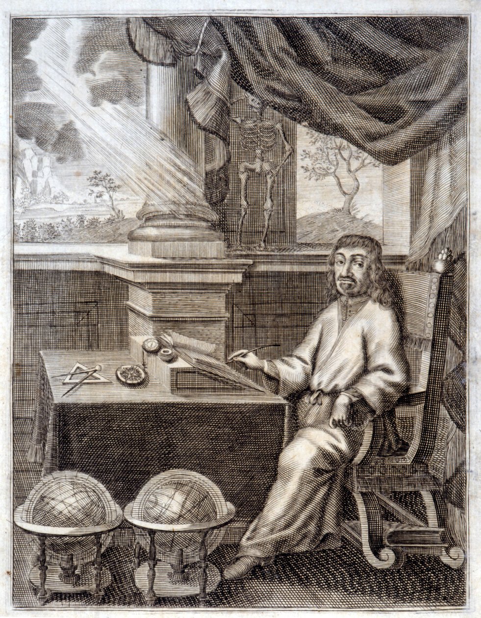 René Descartes (1596 - 1650) toimistossaan tieteellisten laitteiden kanssa. Kaiverrus 1600-luvulta. tekijältä Unknown artist