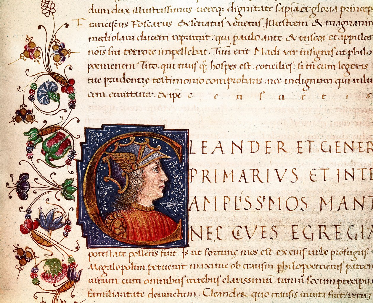 Aleksanteri Suuren (356-323 eKr.) Makedoinan kuninkaan esitys Pienoiskuva, joka on otettu Plutarkoksen (46-125 jKr.) "" Paralleles of maineikkaiden miesten" -kirjasta (MS. XV. 1) 1400-luku. Cesena, Biblioteca Malatestiana tekijältä Unknown artist
