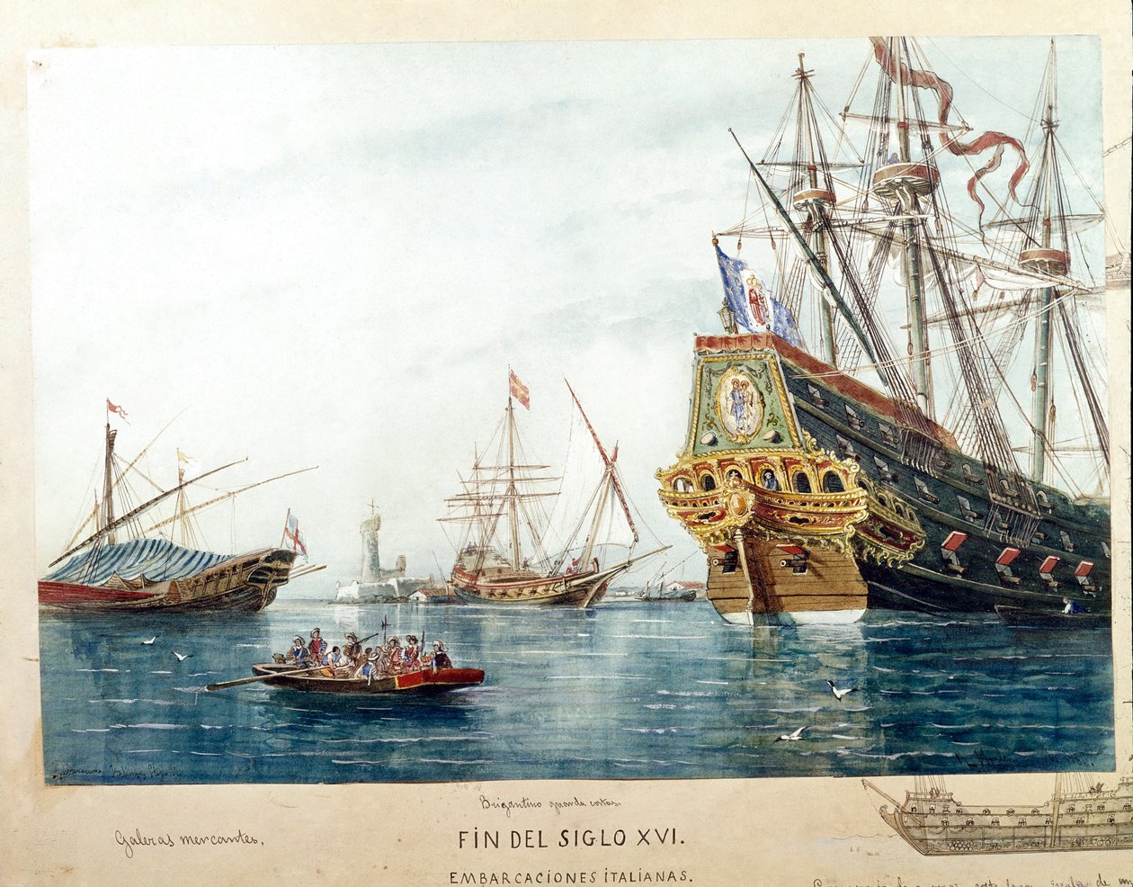Esitys italialaisista laivoista, galerereista, 1500-luvun brigantiinista (akvarelli tekijältä Unknown artist