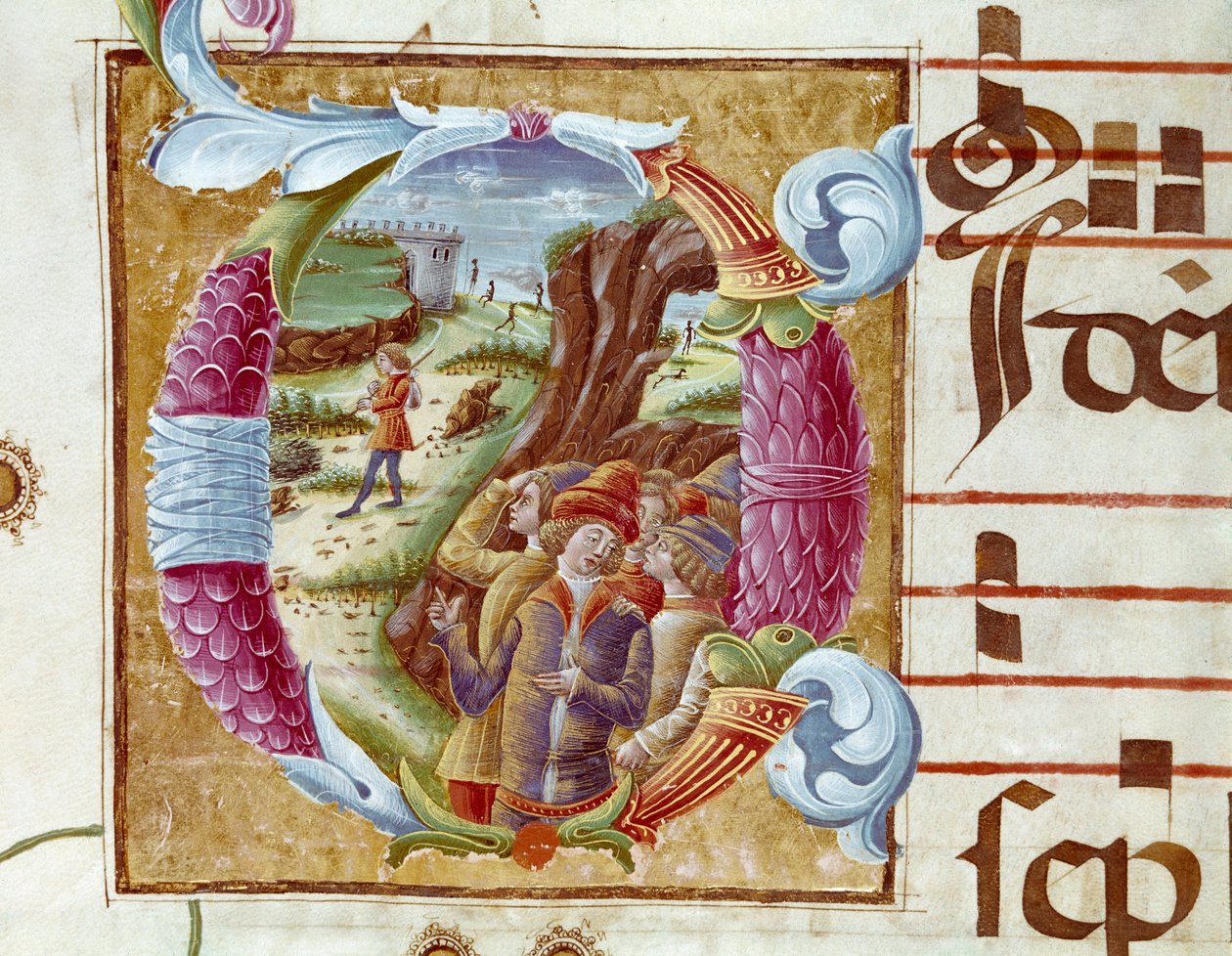 Joosefin ja hänen veljiensä esitys Lettriinin yksityiskohta antifonaariossa (Antiphonarium II) 1400-luvulla. Cremone, Biblioteca governativa Italia tekijältä Unknown artist