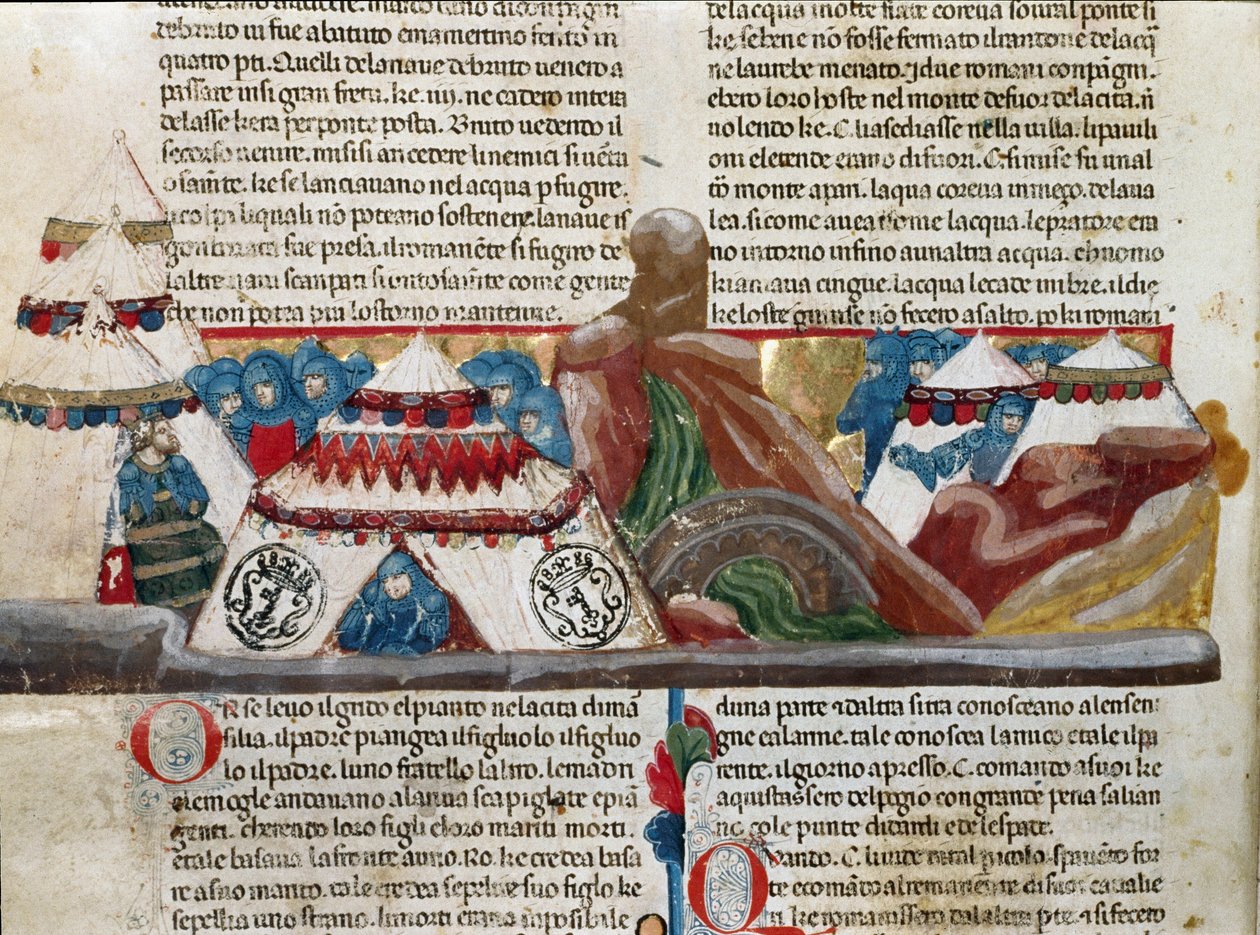 Jules Cesarin (101-44 eKr.) esitys lähellä sotilasleiriään. Yksityiskohta käsikirjoitussivusta "" Roomalaisten tosiasiat"" (Ms 1538, 24v) noin 1340 Firenze, Biblioteca Riccardiana tekijältä Unknown artist
