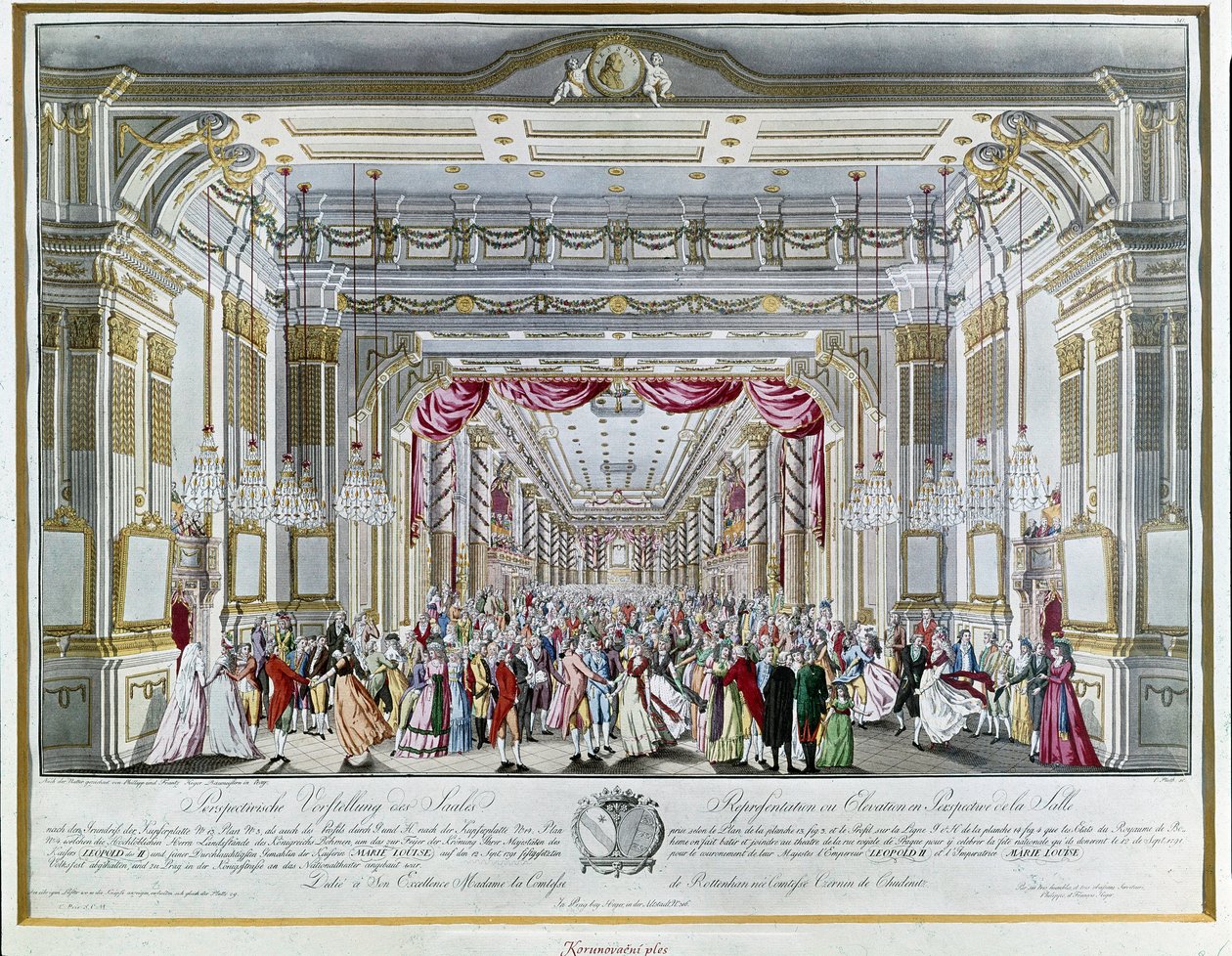 Wolfgang Amadeus Mozartin (1756-1791) esittämä "La Clemenza di Tito" (La Clemence de Titus) Itävallan keisari Leopold II:n (1747-1792) kruunausjuhlassa Böömin kuninkaaksi vuonna 1791 Böömin kuninkaaksi Prahan kuninkaallinen katu. Prahan museo tekijältä Unknown artist