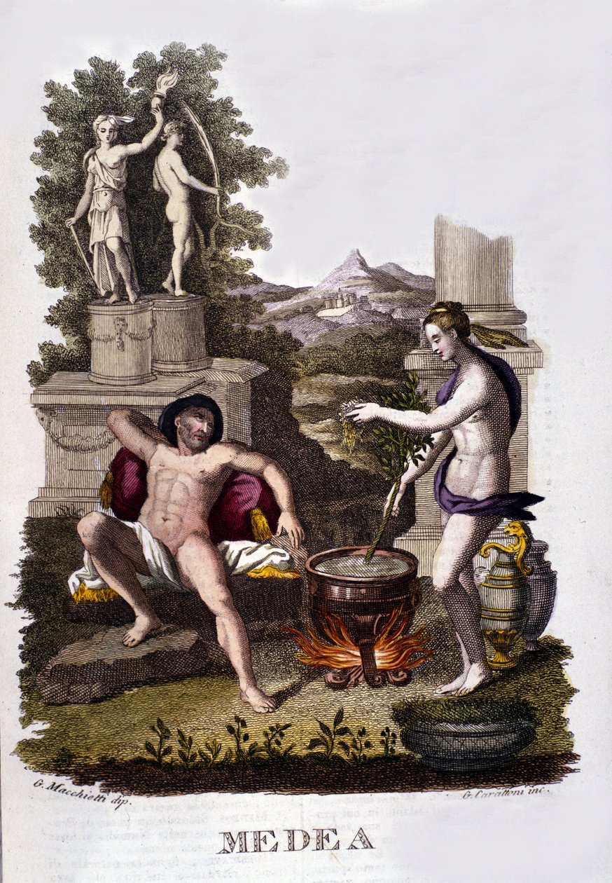 Edustus Medeasta valmistelemassa kirouksiaan argonautien syklin jälkeen. Kaiverrus 1800-luvulta. tekijältä Unknown artist