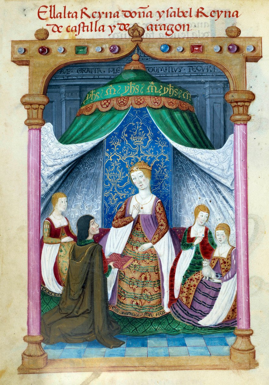 Edustus Portugalin kuningatar Isabellasta Aragonian Isabellasta (1271-1336), jota ympäröivät hänen toverinsa ja Pedro Marcuello, joka tarjoaa hänelle kirjansa. Käsikirjoitussivu otettu Espanjan kuningatar Joan Follen (1479-1555) hartauskokoelmasta. tekijältä Unknown artist