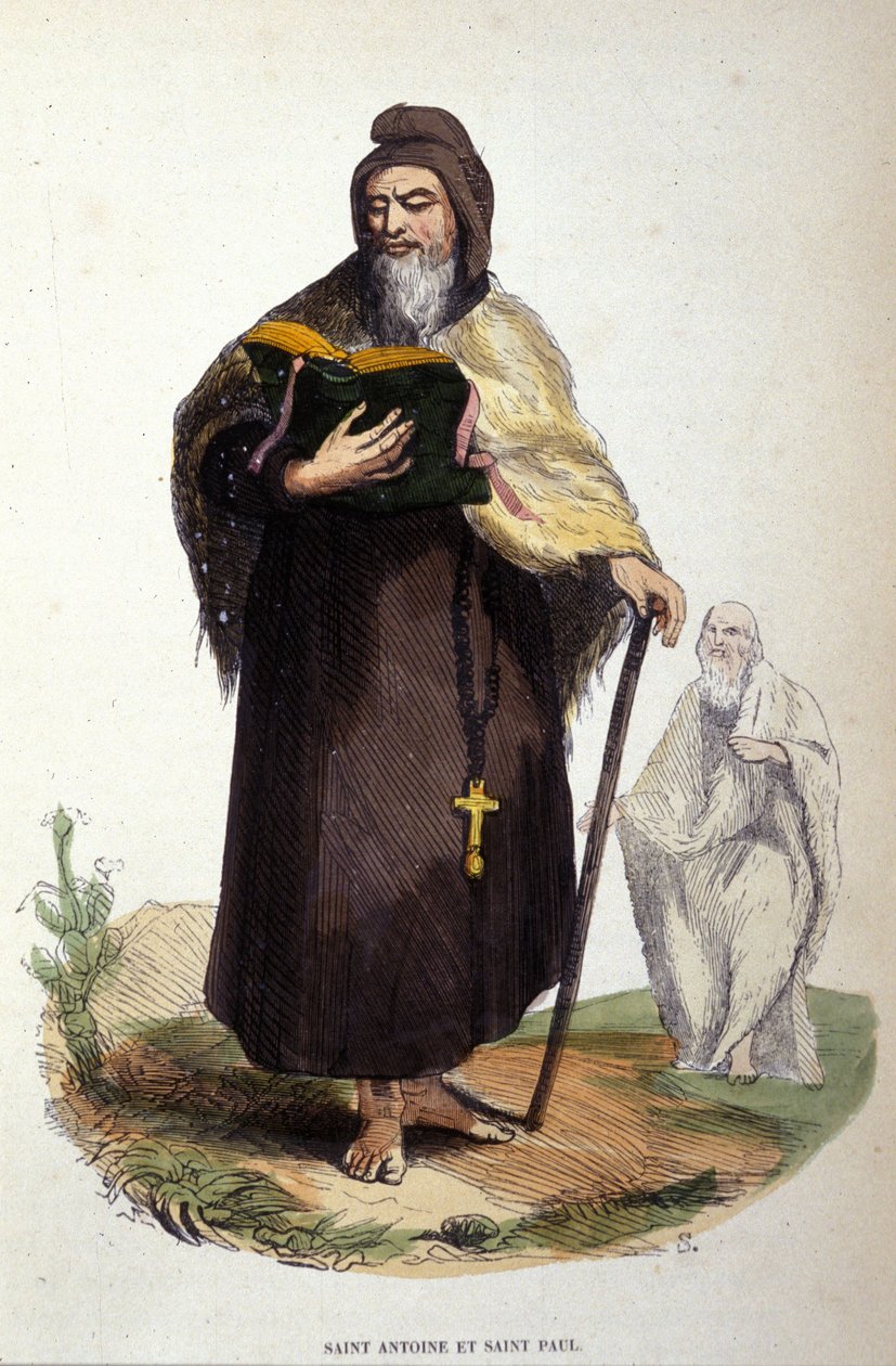 Edustus Pyhästä Antonius Suuresta, egyptiläisestä anakoretista (251 - 356), kristillisen eremitismin perustajasta ja Theban pyhä Paavalista (hän olisi edeltänyt Pyhää Antonia Thebaidessa). Kaiverrus 1800-luvulta. tekijältä Unknown artist