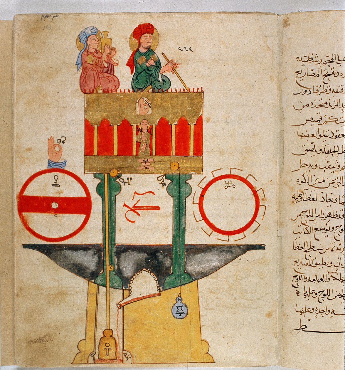 Esitys instrumentista, jonka on suunnitellut turkkilainen insinööri Ibn al-Rajjaj al-Jazari (Al Rajjaj Al Jazari) (1136-1206) mittaamaan veren määrää Turkkilaisen insinöörin Ibn al-Rajjaj al-Jazarin (Al Rajjaj Al Jazari) suunnittelema keksintö (1136) -1206 tekijältä Unknown artist