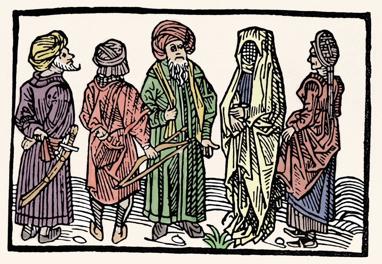 Edustus tattari. Miehiä, joilla on kädet kietoutuneet päät ja verhottuja naisia. 1400-luvun ksylografia tekijältä Unknown artist