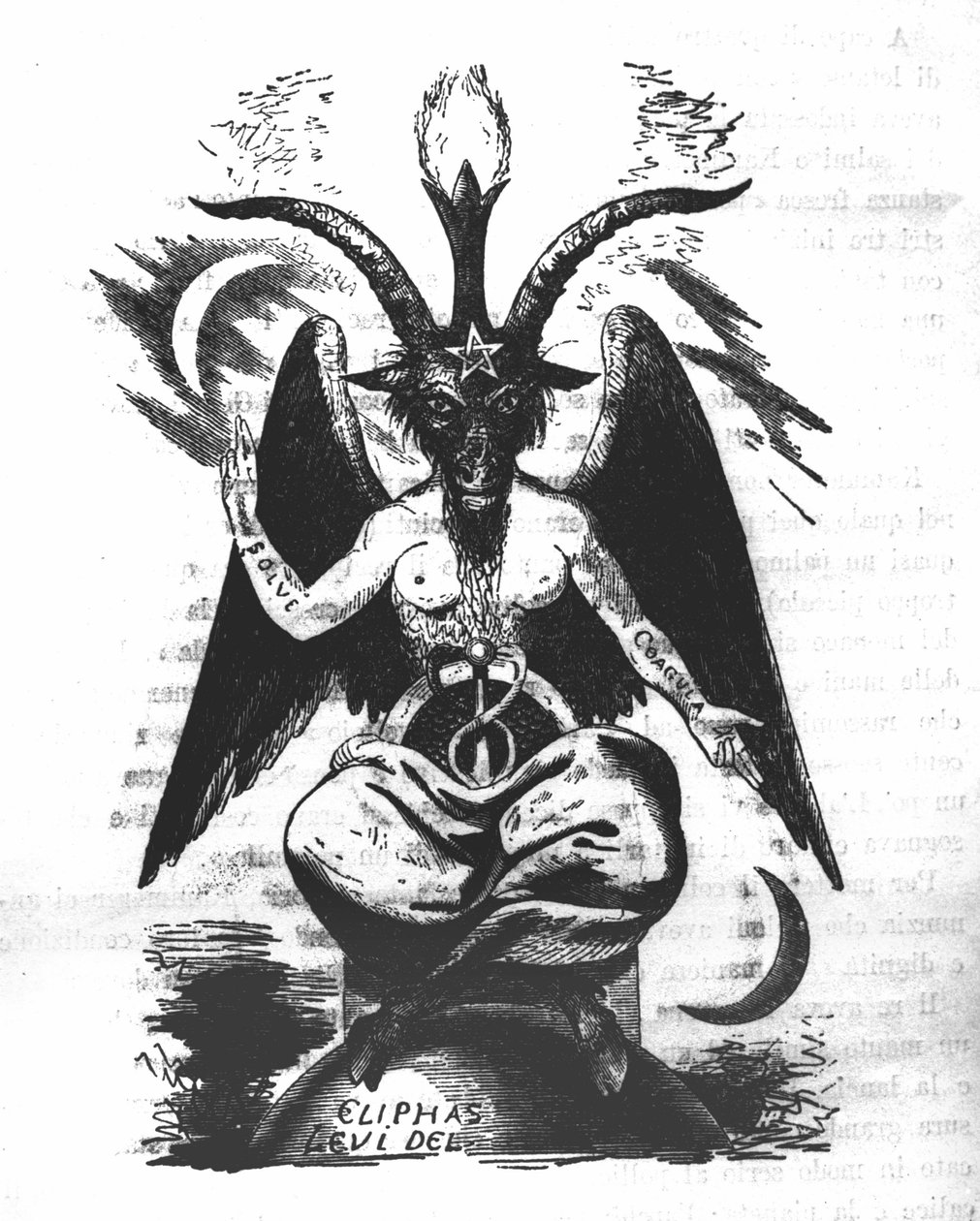 Baphometin esitys: hirviö, jolla on vuohen pää ja naisen ruumis, jossa on alkemiallisia lainauksia käsivarsissa "ratkaise" ja "coagula", lehtipuu jalkojen välissä ja pentagrammi otsassa. Eliphas Levin paholainen (Alphonse Louis (Alphonse Lo tekijältä Unknown artist