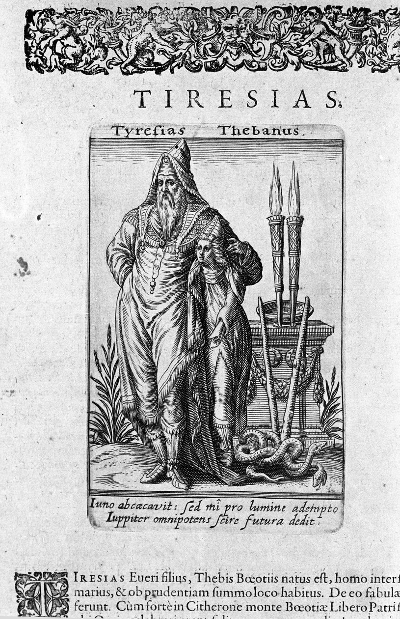 Thebes Tiresiasin kreikkalaisen devinin esitys"" Lauta "De Divinatione Magicis Prestigiis""" J. J. Boissardin 1600-luku tekijältä Unknown artist