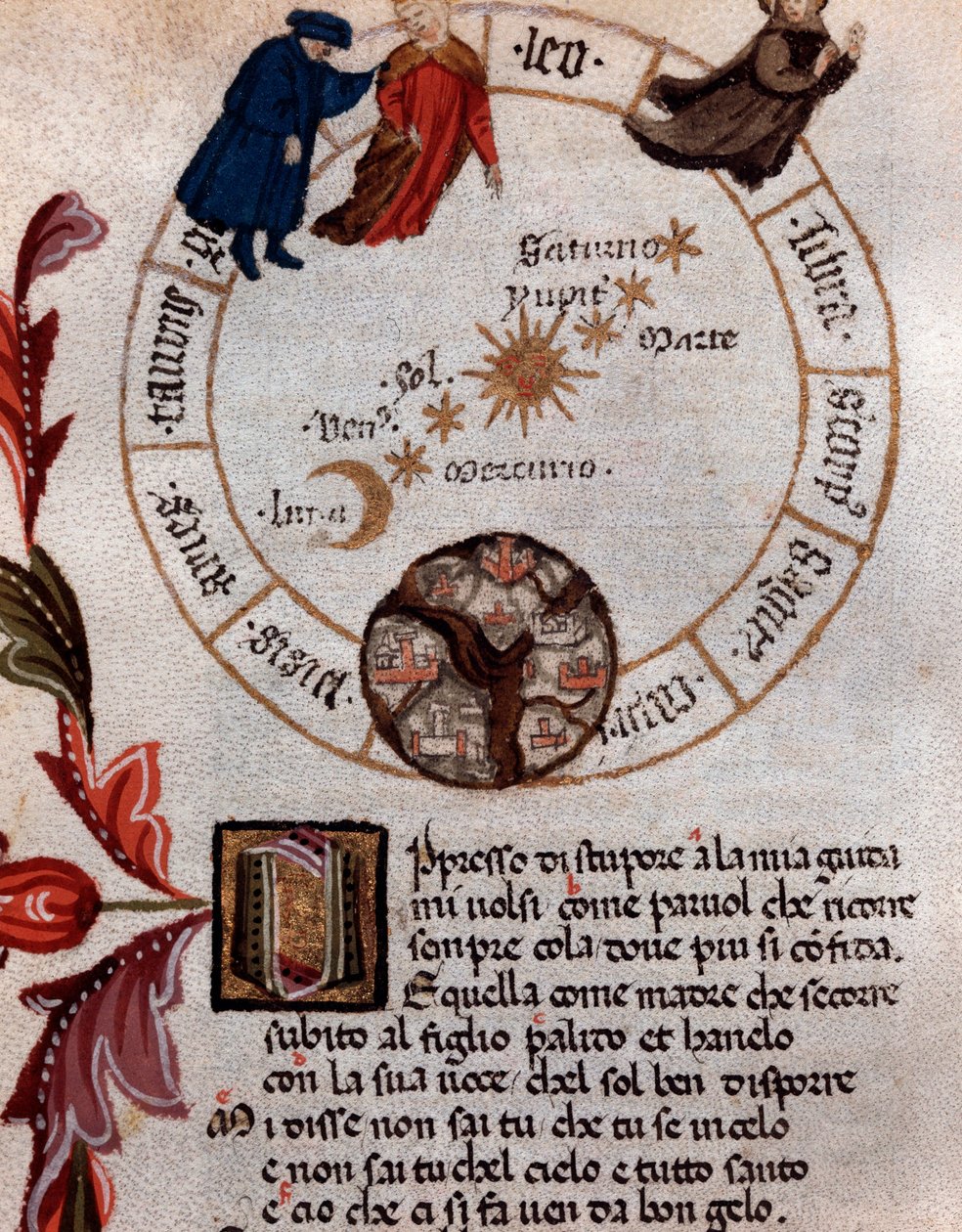 Italialaisen runoilijan Dante Alighierin ja Ptolemaiosjärjestelmän esitys - Miniatyyri tekijältä Unknown artist
