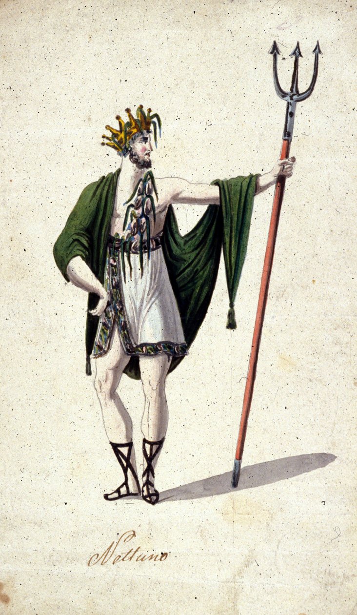 Edustus roomalaisesta jumalasta Neptunuksesta, joka pitelee kolmihamppaa (tunnistaa kreikkalaisen Poseidonin). Akvarelli 1700-luvulta. tekijältä Unknown artist