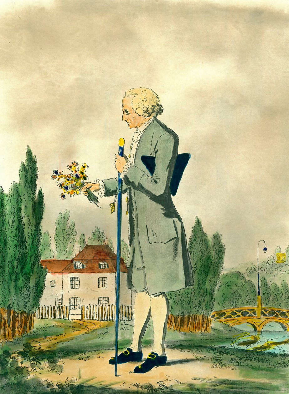 Edustus sveitsiläisestä filosofista Jean Jacques Rousseausta (1712-1778), joka poimii kukkia Ermenonvillessä. Kaiverrus 1700-luvulta. Yksityinen kokoelma. tekijältä Unknown artist
