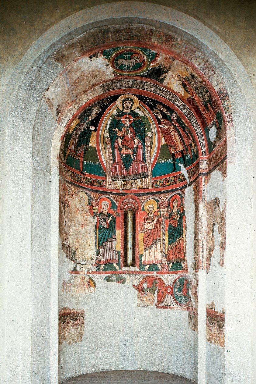 Neitsyen ja lapsen esitys Magi Kingsin ympäröimänä. Fresko Santa Marian kirkon keskusapsista. Noin 1123. Barcelona. Katalonian kansallinen taidemuseo tekijältä Unknown artist
